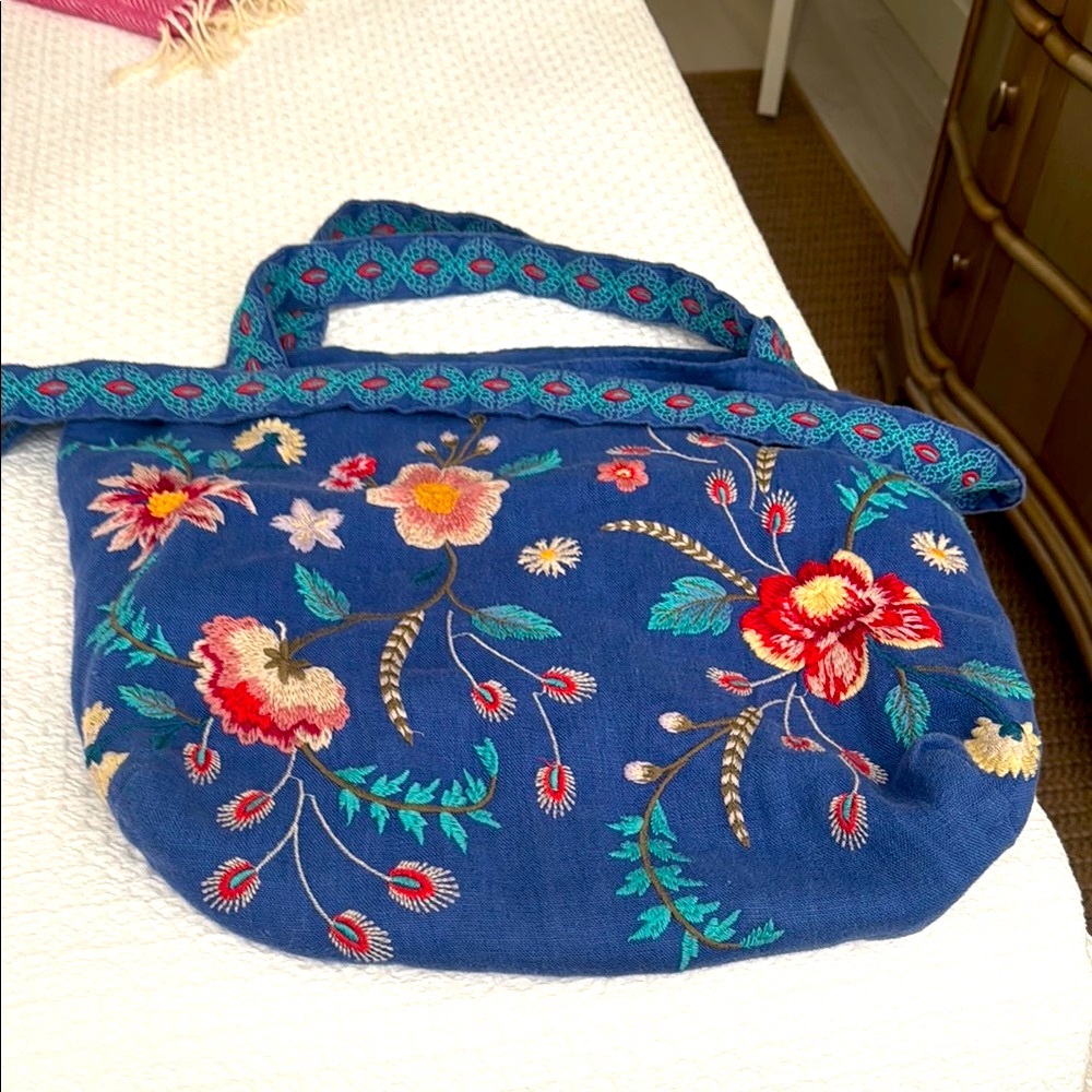 Floral Embroidered Blue Tote Bag